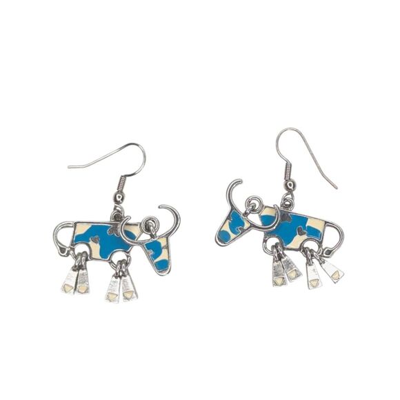 Jewelry - Vintage Signed E. Berebi Western Longhorn Dangle Earrings Silver Tone Teal Cream